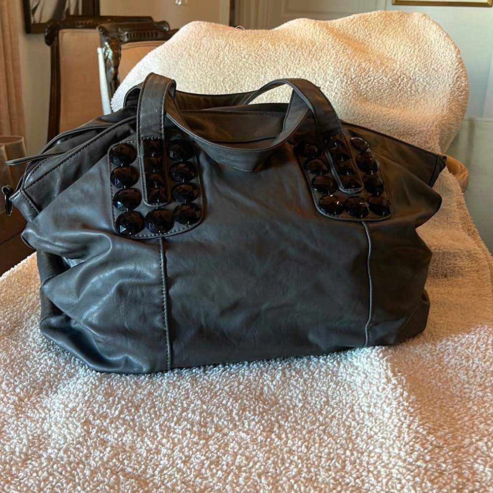 Grey vegan leather tote with black beading detail